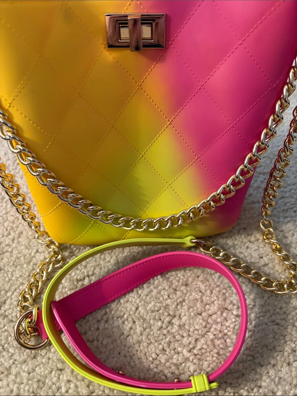 Vibrant Neon Yellow-Pink Quilted Jelly Bucket Bag With 2 Gold-Tone Chunky Straps
